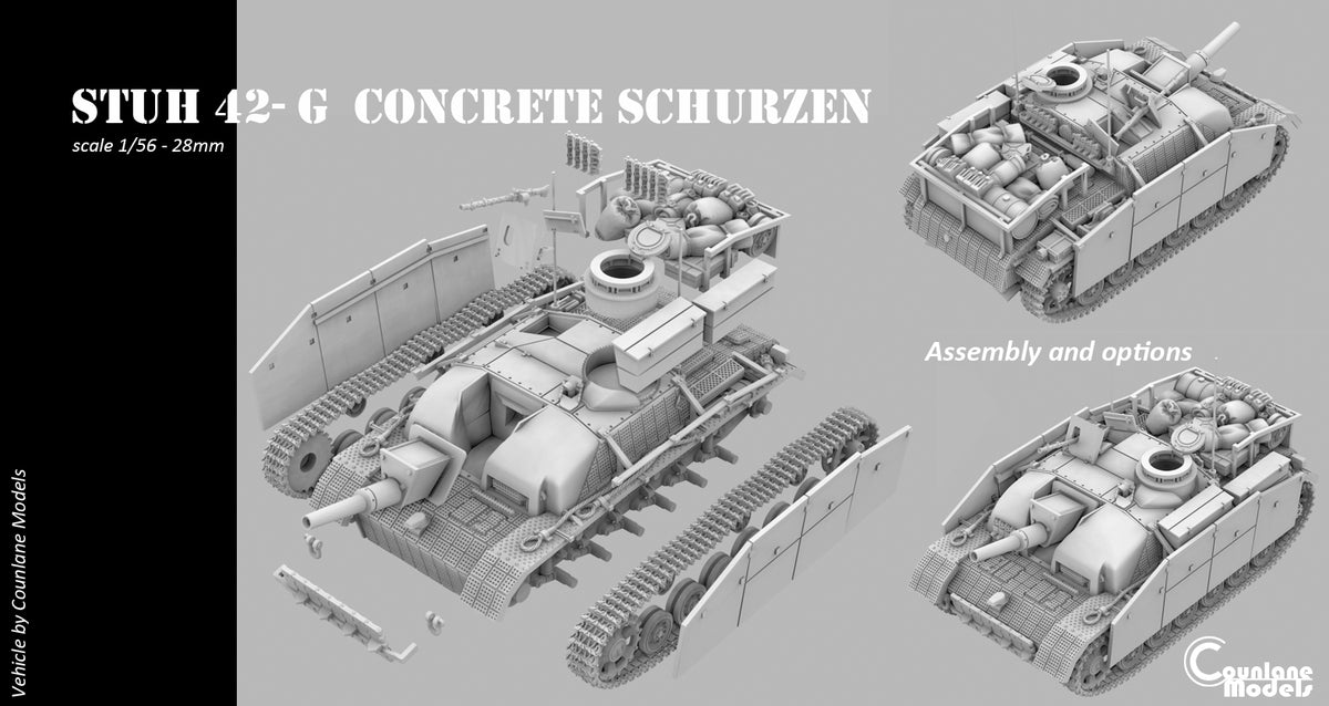 Counlane Sturmhaubitze (StuH) 42 With Concrete armor, schurzen, zimmerit (Germany, WW2)